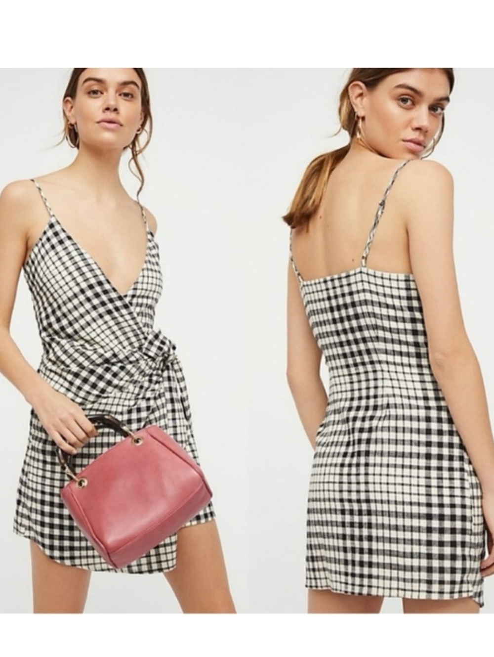 Free People Nodia cotton gingham Black White Check Wrap Mini Dress Size 12